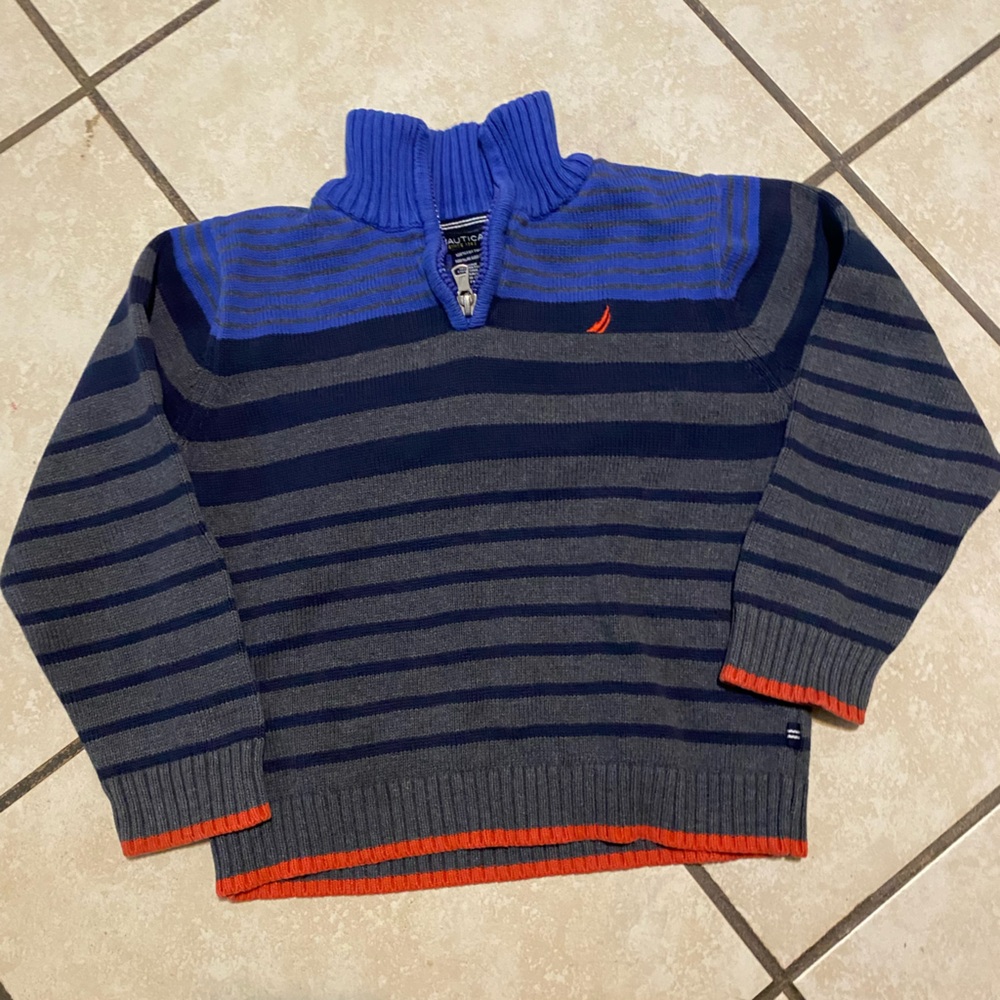 Nautica Blue and Gray Striped Zip-Up Sweater